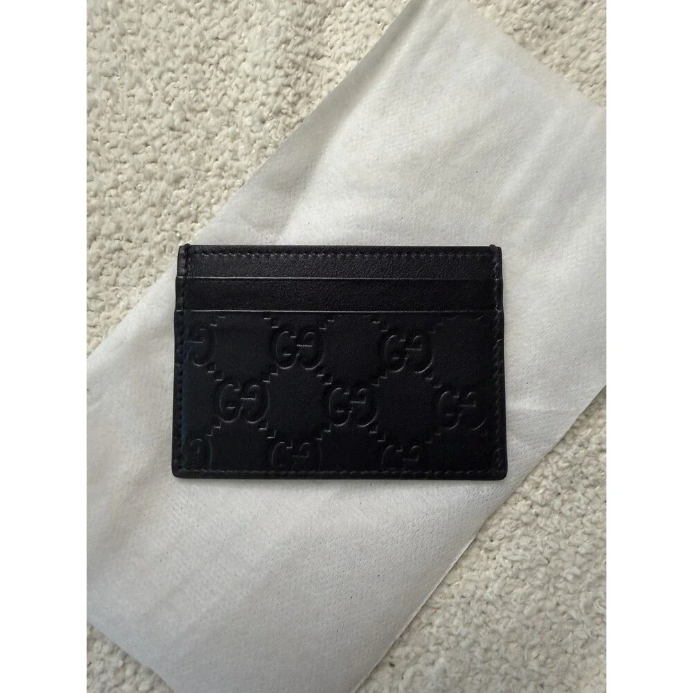 Auth Gucci GG Emblem Guccissima Black Leather Card Holder Case Wallet Unboxed